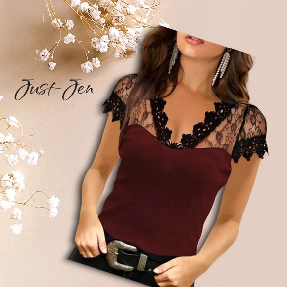 Casual Elegant Fashion Contrast Lace Top in  Stunning Burgundy Wine Color - Picture 8 of 11